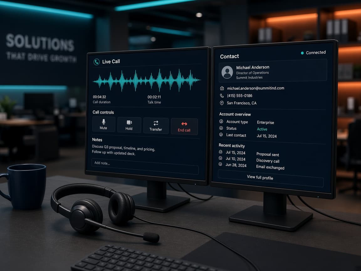 Sales agent headset and monitors showing a live Dialog call console